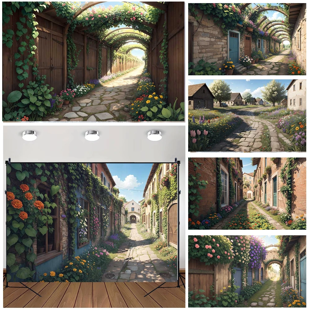 

MOON.QG Rural Alleys Backdrop Pavement CherryTrees Flowers Photographic Background Photo Studio Shooting Party Decorations