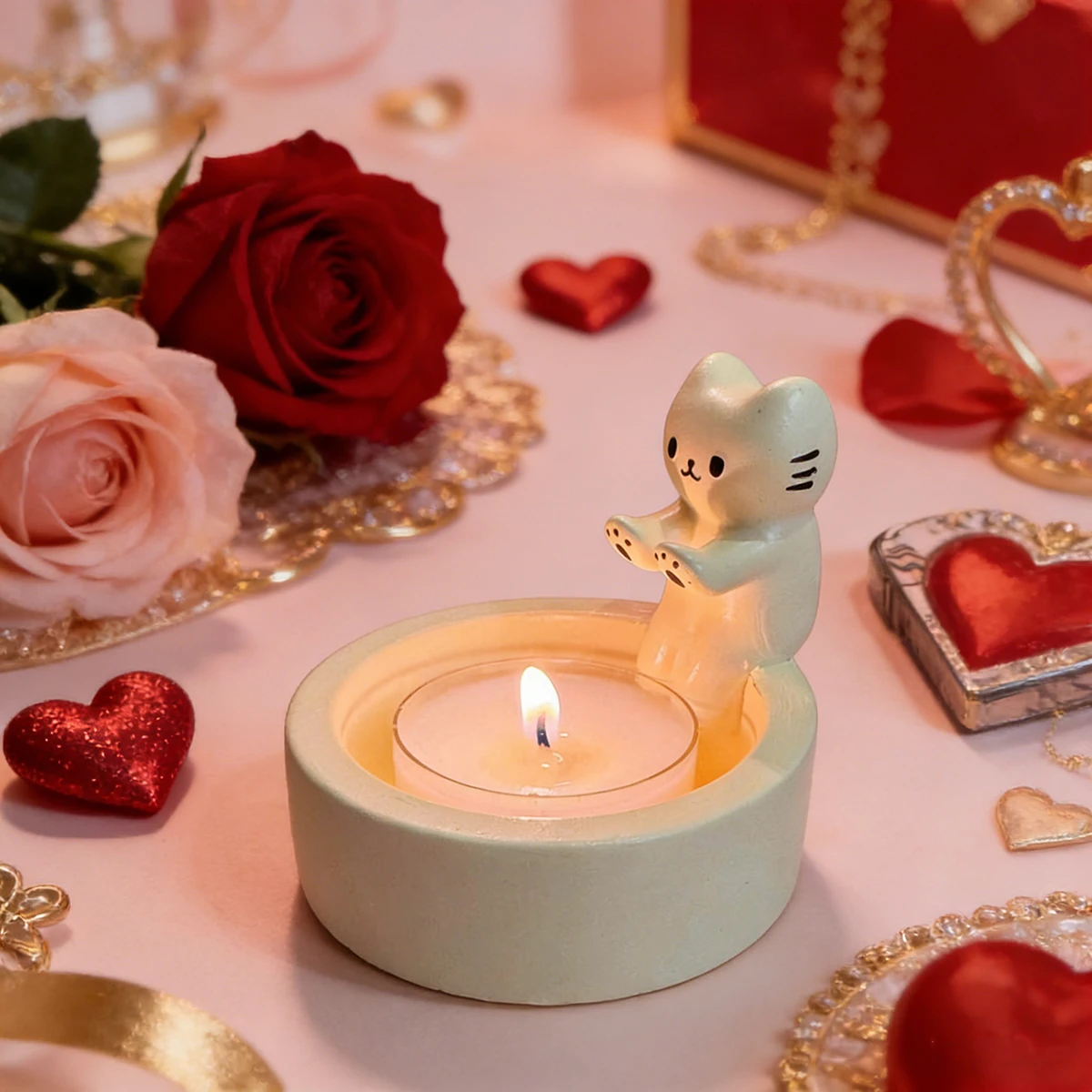 Niedlicher Kerzenhalter mit Cartoon-Kätzchen, Kerzenhalter mit wärmender Pfoten für Katzen, Teelicht-Kerzenhalter, Ornamente, Valentinstagsgeschenke