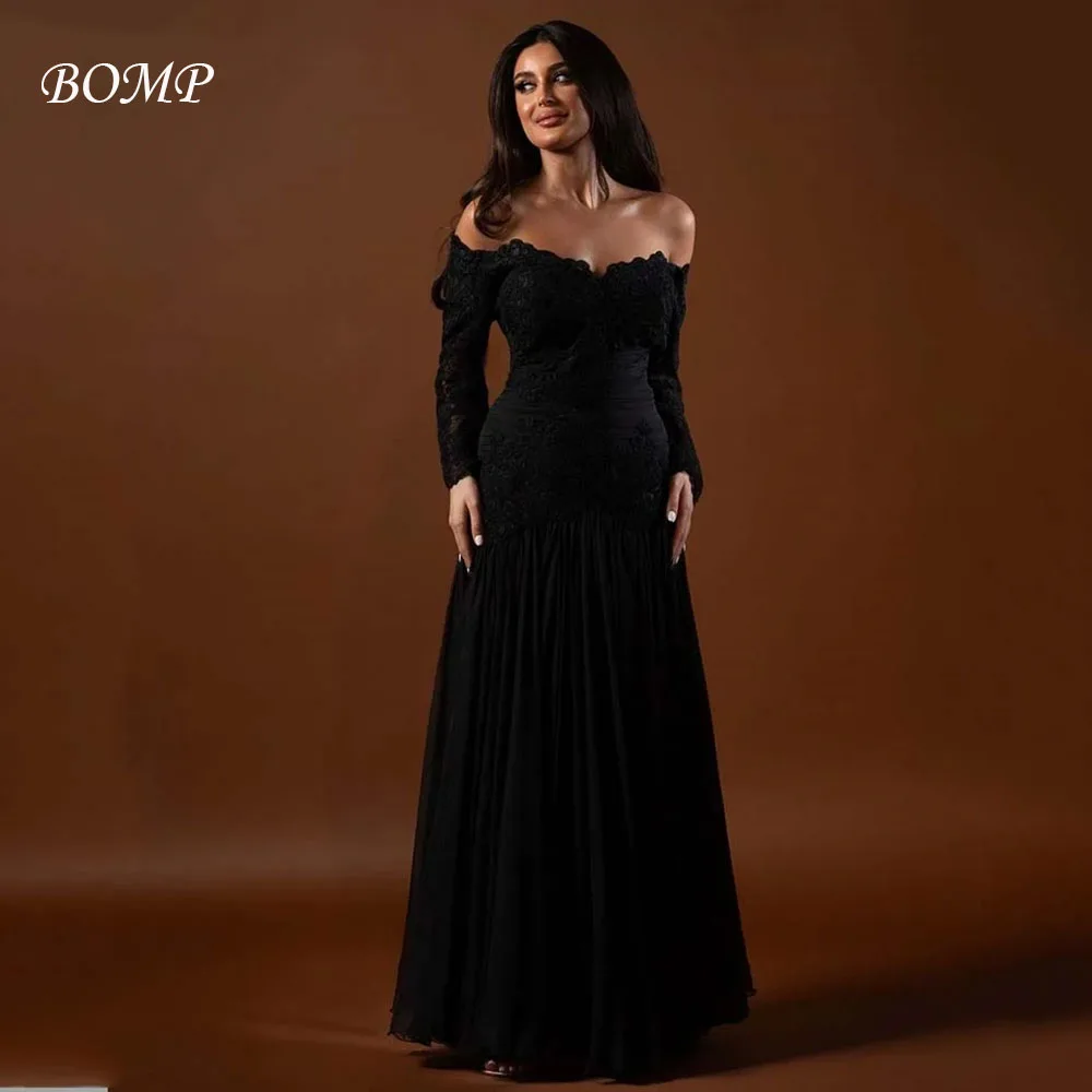 

BOMP Graceful Black Lace Evening Dress Off The Shoulder A Line Full Sleeves Prom Party Dress Arabic Formal Prom Dress Customized