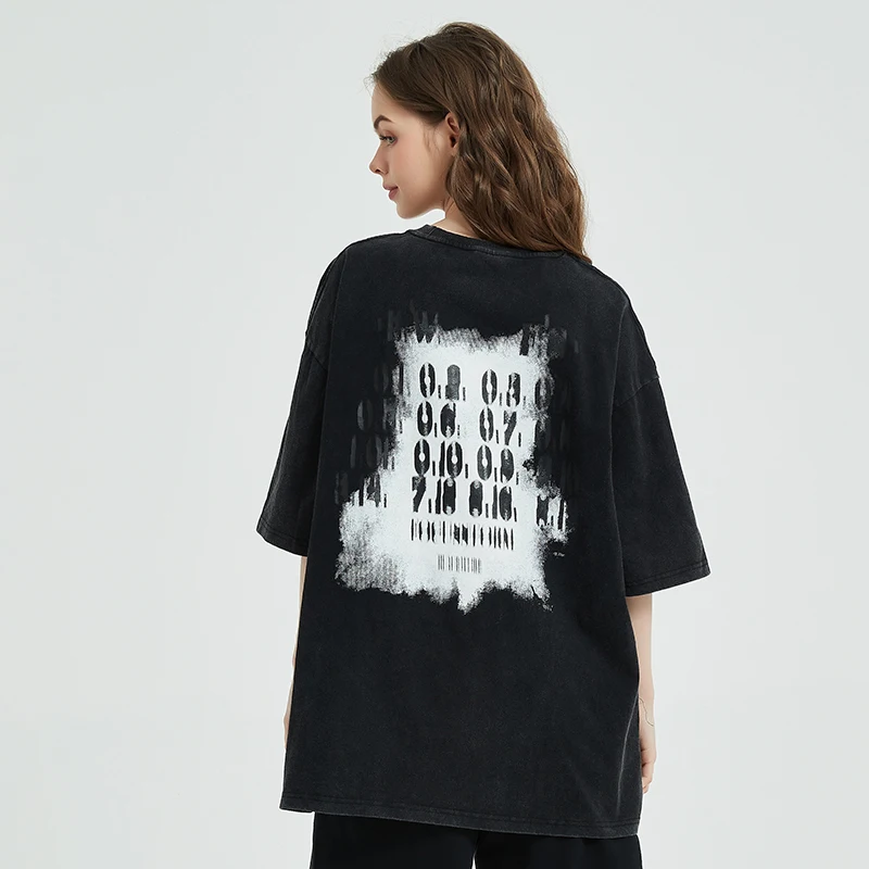 Men Streetwear Hip Hop Oversize T Shirt Blue Shadow Letter Graphic Vintage Washed Black T Shirt Harajuku Tshirt Tees Cotton