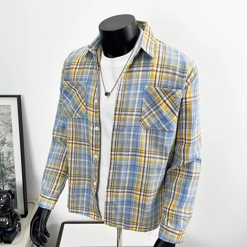 Men's Oversized Blue Check Shirt Long Sleeve Casual Streetwear Button Down Top