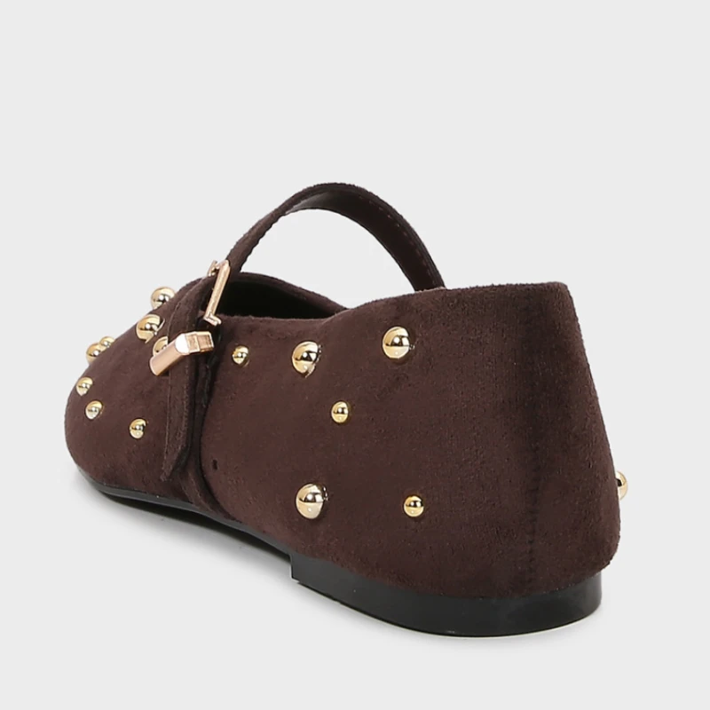 Round Toe Rivets Women Mary Jane Shoes Brown Faux Suede Metal Belt Non-slip Soft Sole Retron Design 2025 Spring Ladies Flats