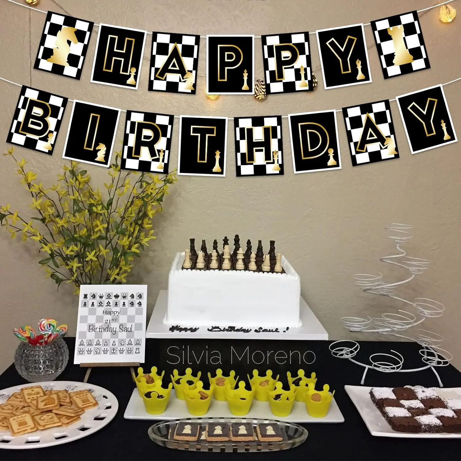 SURSURPRISE Chess Birthday Banner Happy Birthday Decorations Funny Board Game Party Decor for Chess Lover Checkered Party Decors