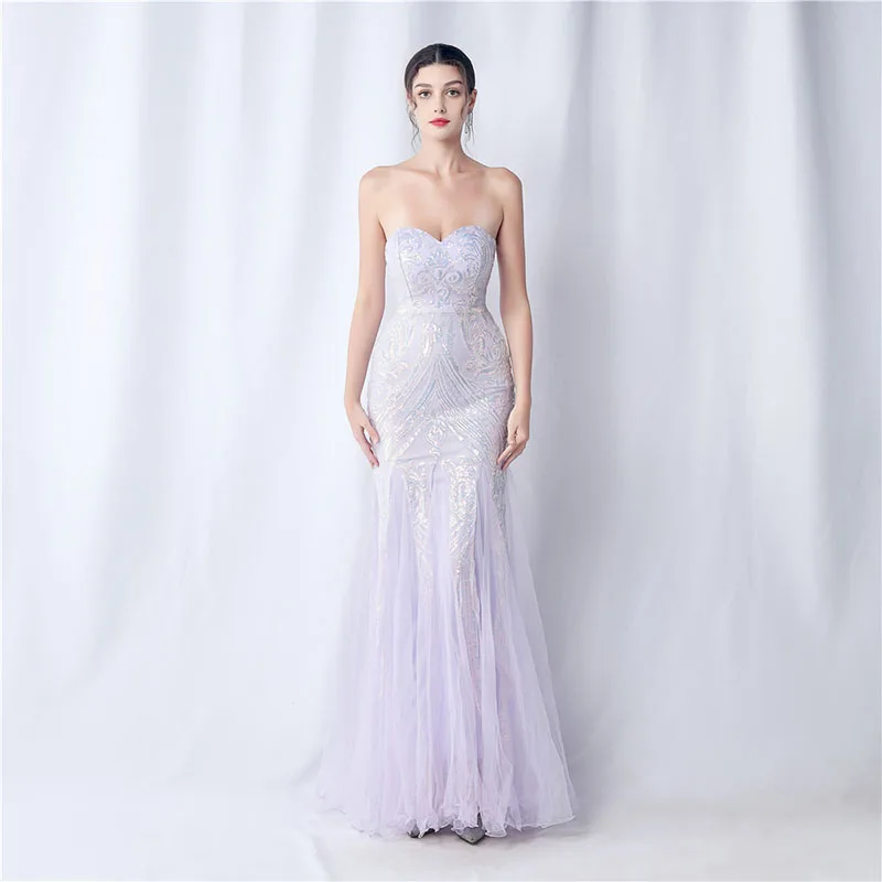 DongCMY Luxury Gauze Bead Dinner Light Lavender Evening Dress For Prom Party