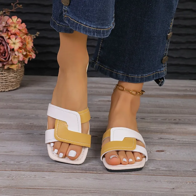 Summer New 2024Women's Fashion Open Toe Flat Anti-Slip Women's Shoes Casual Color Block Leather Beach Womens Slippers Large Size