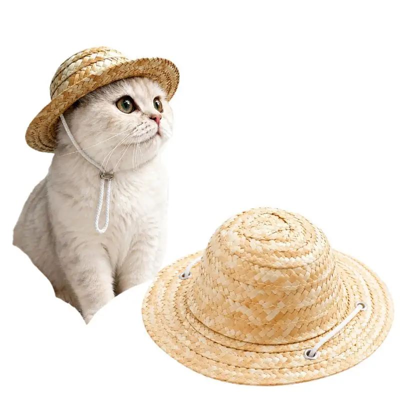 Cute Pet Straw Hat Adjustable Chin Strap Lightweight Breathable Sun Hat For Cat
