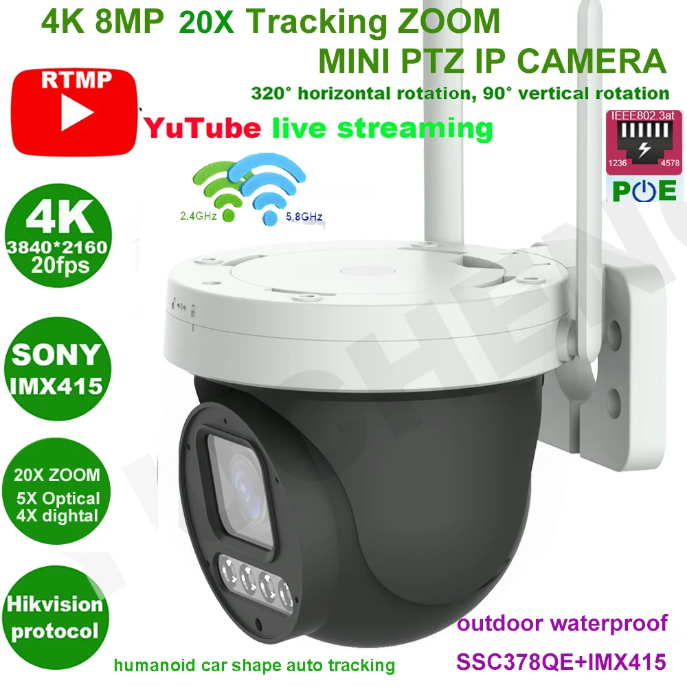 4K 8MP 30fps 6MP 20X ZOOM auto ZOOM  human auto tracking RTMP PTZ IP Camera  RTMP Hikvision protocol 512SD TF card 30M IR