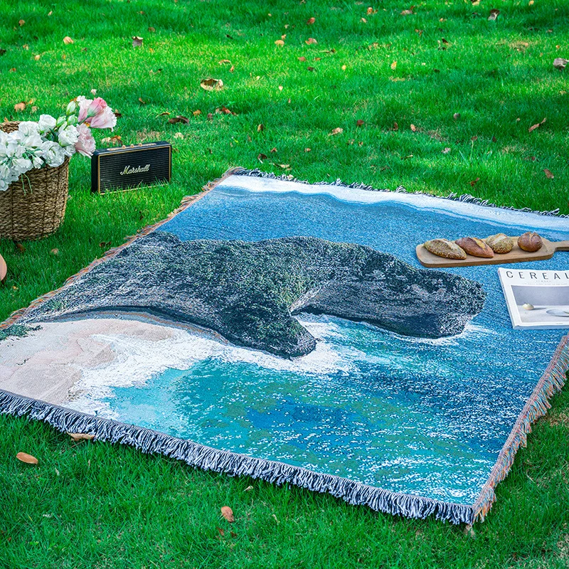 ソファブランケット、風景画タペストリー、ブランケット、ジャカード織りフリンジ付きタペストリー
