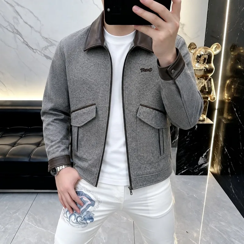 2026 Autumn Fashion Men's Jacket Casual Business Jackets PU Stitching Lapel Windproof Social Outwear Streetwear Coat