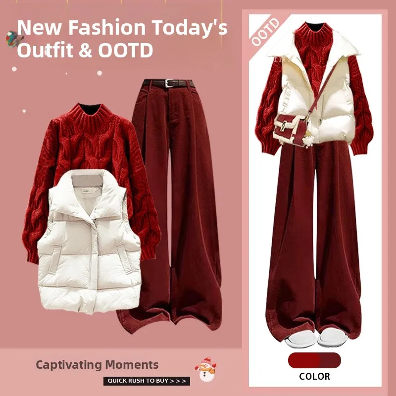 

Autumn Winter Cisas Aosphere Knitted Women's Set Casual Long Pants Cotton Jaet Vest Tee-piece Suit Red Color