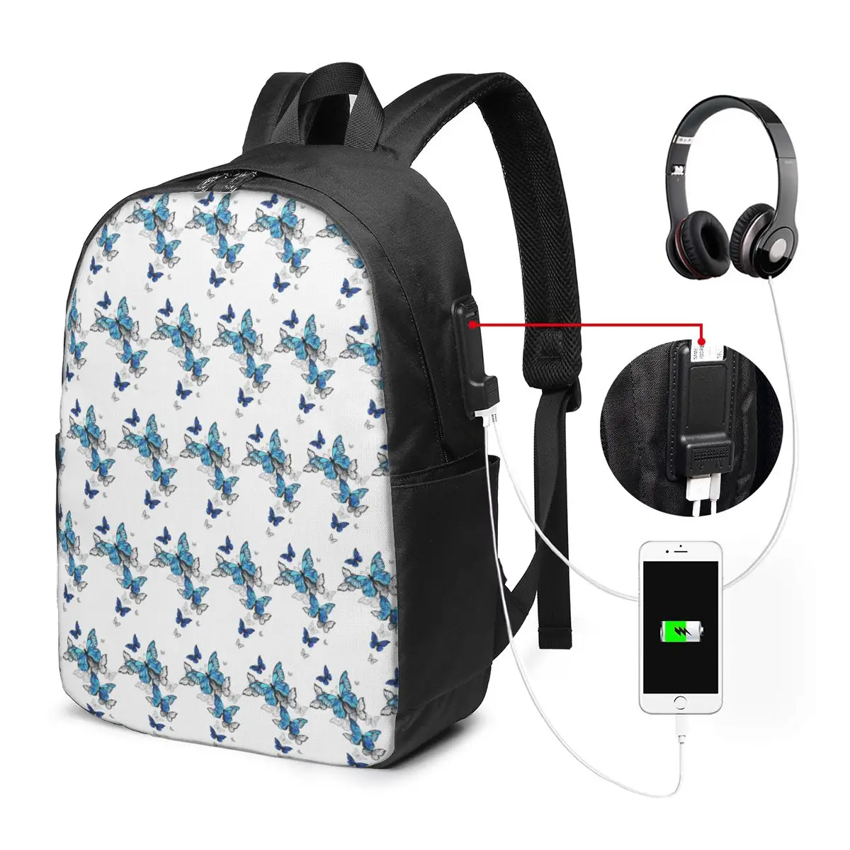 Blue Butterfly And Hollow Butterfly Design Backpack Travel Notebook Bag Computer College Student School Bag Laptop Shoulder Bags