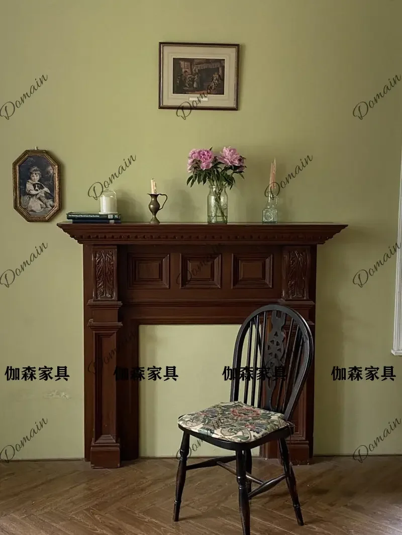 BJ American Retro Solid Wood Mantel Medieval Carved Decorative Cabinet Living Room Retro Fireplace Porch Background Wall
