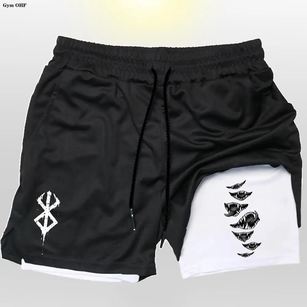 

2024 New Men's Fitness Training Tights Shorts Berserk Guts Print Summer 2 in 1 Mesh Quick Dry Beach Casual Jogging Sports