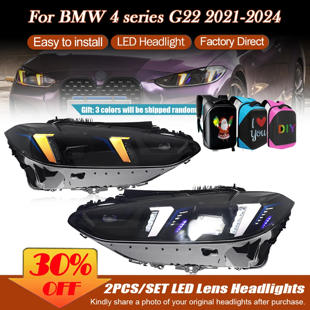 2pcs Car for BMW 4 Series G22 2021-2024 Headlights Assembly Modification Tusk Models LED Daytime Running Lights Turn Signal Lens