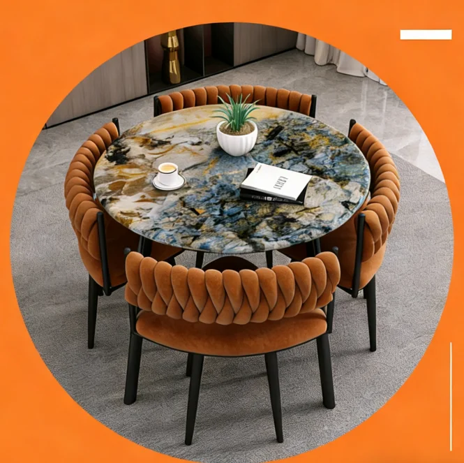 Modern Marble Dining Table Chair Set 4 Space-Saving Chairs For Home Restaurant Coffee Shop Hotel Durable Metal Panel Wood Style
