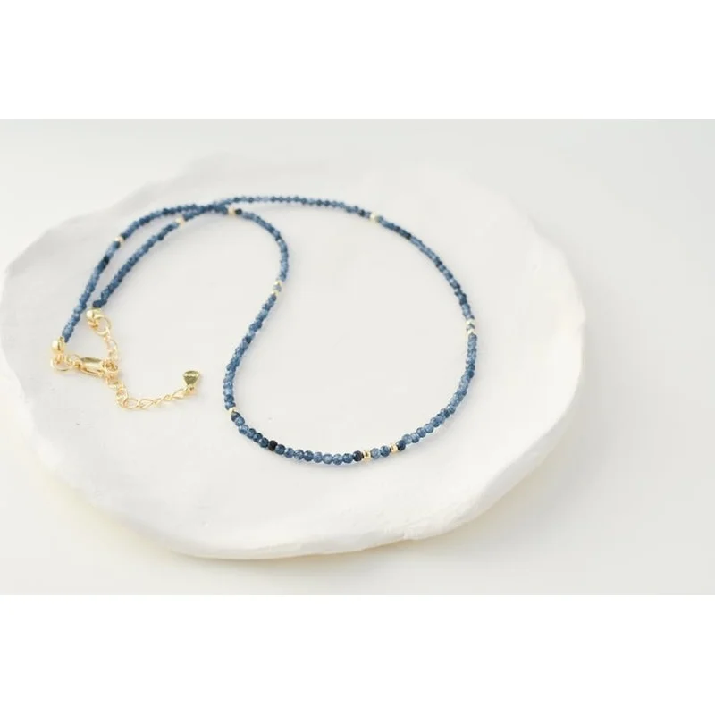 A++ Blue Sapphire 2-3MM Faceted Round Gemstone Beads Women Choker Necklace 18''