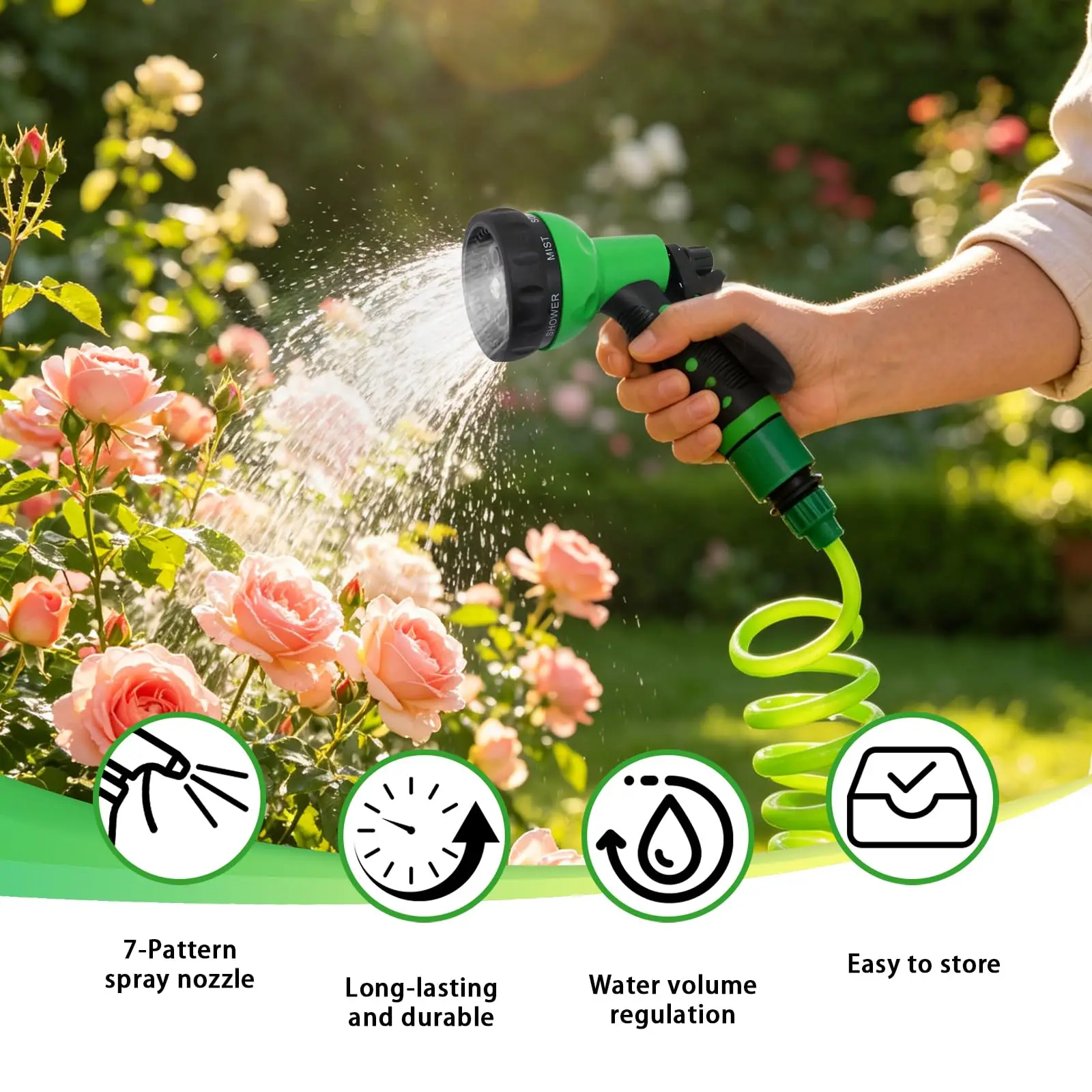 Garden Irrigation Water Hose 10M EVA Water Hose with 7-Pattern Spray Nozzle,Curly Self Coiling Lightweight Garden Hose