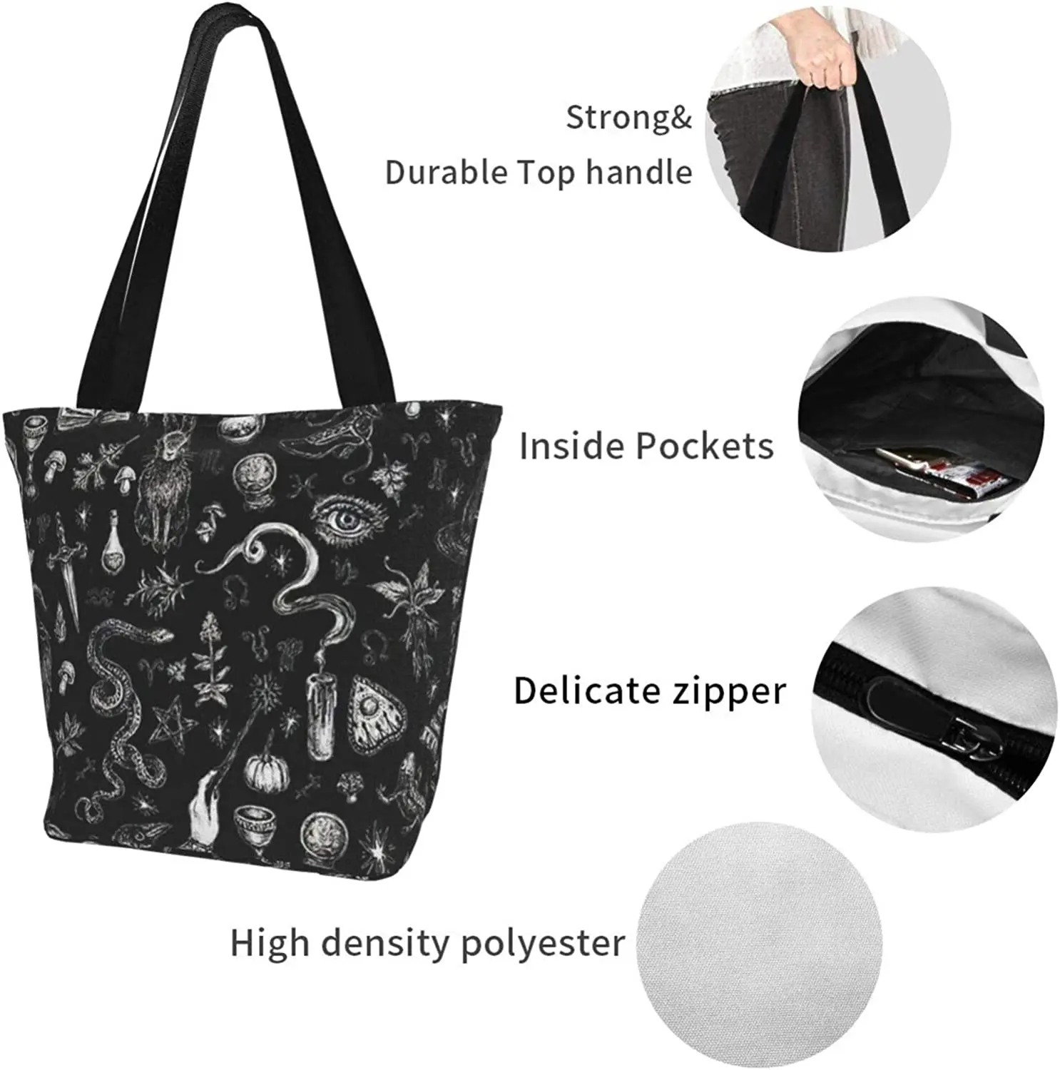 Witch in Black Canvas Tote Bag Top Handle Purses Large Totes Reusable Handbags Cotton Shoulder Bags for Work Shopping Grocery