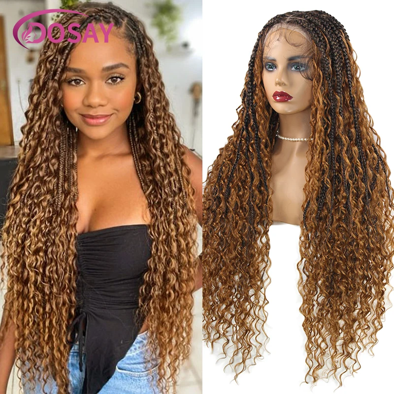 Perruques tressées blondes Boho pour femmes noires, tresses de boîte sans nœuds synthétiques, cheveux bouclés, perruque avant en dentelle complète, perruque de tressage Cornrow