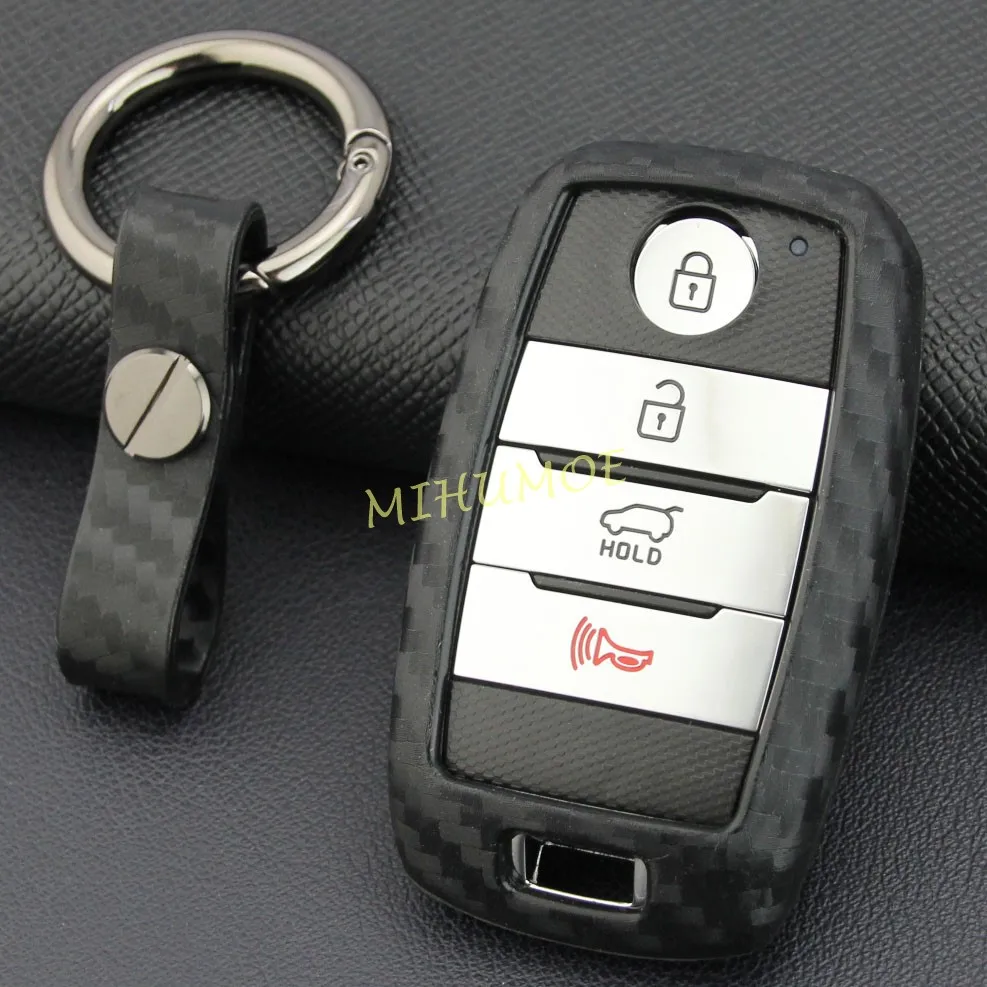 Funda de fibra de carbono para llave de coche, funda protectora con cadena para Kia Sportage Grand Sedona Carnival Sorento Optima Niro Soul EV Rio Sonet