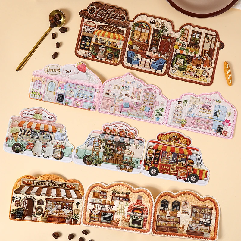 Journal GO 3pcs Tiny Treasure Shop Vintage Coffee Bread Landscape Sticker Creative Journal DIY Material Collage Stationery