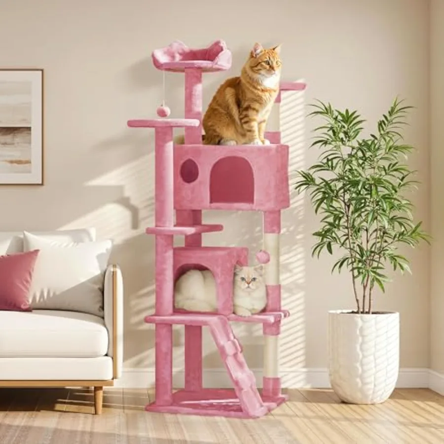 Cat Tree Tower, Double Condo, Multi Platforms, Scratch Posts Multi-level layout, plush balls, easy assembly, anti-wobble base,
