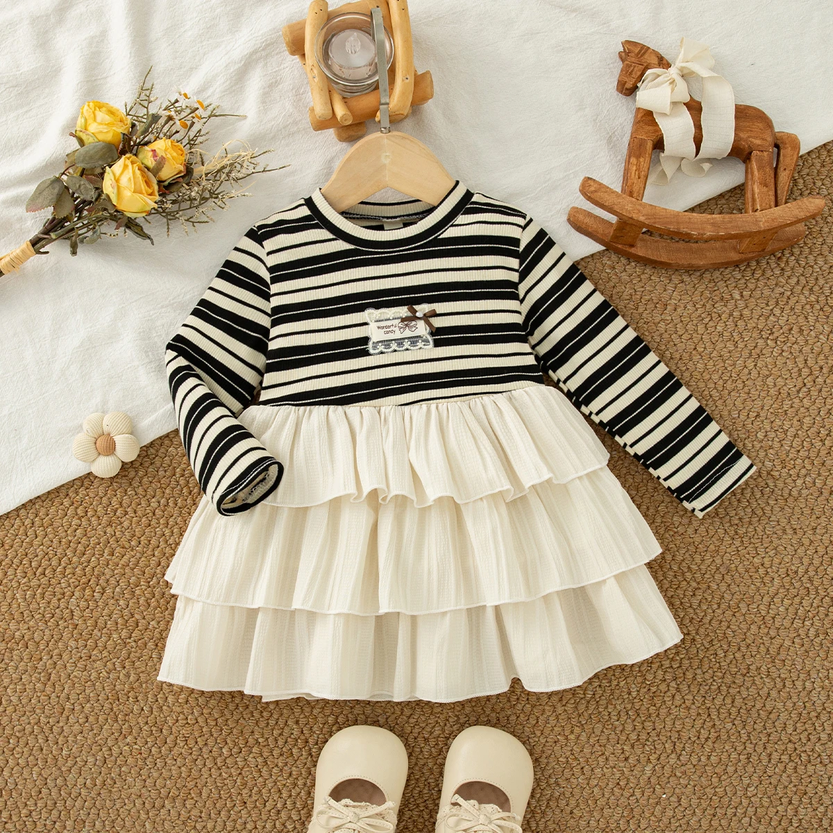 Spring And Autumn New Striped Long Sleeve Baby Girl Dress Sweet And Cute Children'S Clothing (3-18 Months)