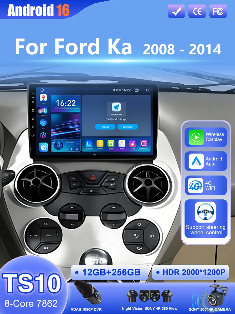Android 16 Carplay voor Ford Ka 2008 - 2014 autoradio stereo multimediaspeler videospeler GPS navigatie QLED touchscreen 4G DSP - afbeelding 2