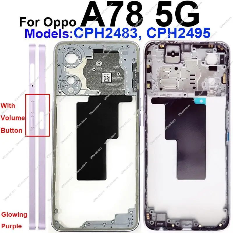 For OPPO A78 A79 5G Middle Housing Frame Cover Bezel with Side Button Camera Lens Frame Repalcement