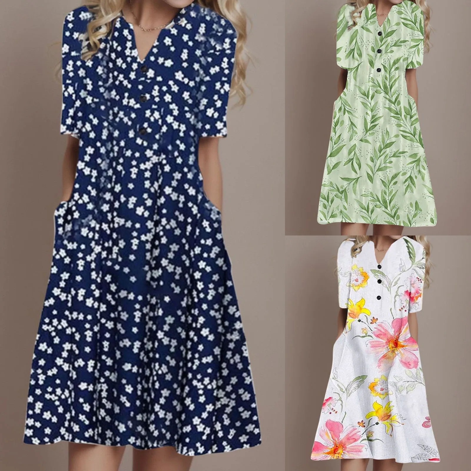 Women\'s Fashion Short Sleeve Casual Dress Summer Pullover Floral Print V Neck Midi Dress Loose Plus Size Female Clothes Sundress