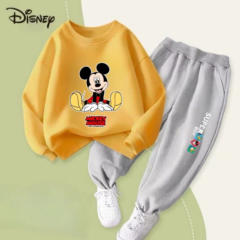 

Осенний комплект одежды для маленьких девочек, детский свитшот с принтом Микки Диснея, топ и штаны, костюм из двух предметов, хлопковый спортивный костюм