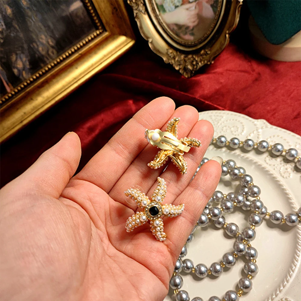 Broche de estrella de mar y Perla Vintage para mujer, ramillete, pendientes de clip para la oreja de plata 925, conjuntos de joyería para niña, conjunto de mujer, envío gratis