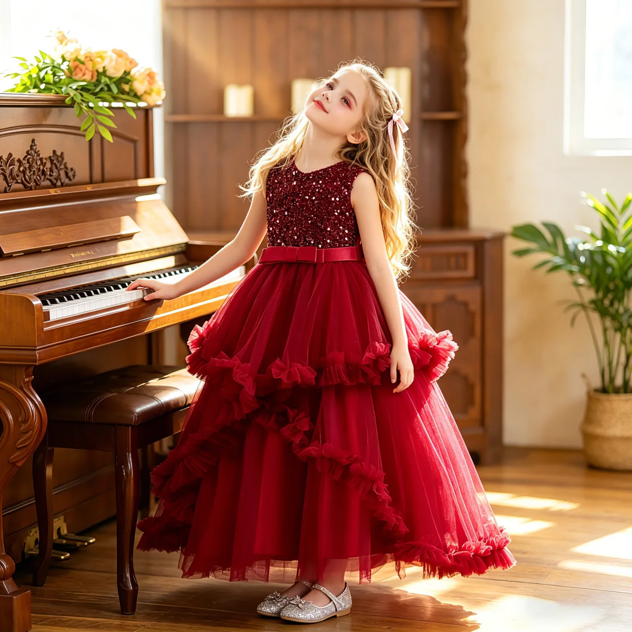 Somenie Christmas Girl Princess Dress Sleeveless Sequined Flower Girl Birthday Tutu Foreign Style Host Catwalk Evening Dress