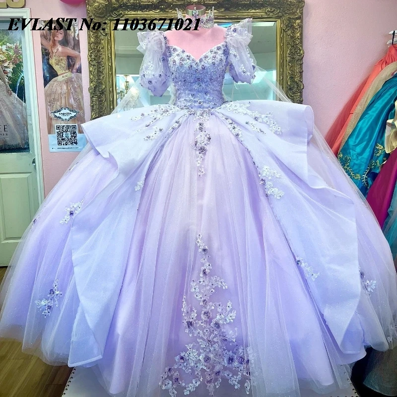 

EVLAST Glitter Lavender Quinnceanera Dress Ball Gown Lace Applique Beaded Tiered Cape Corset Sweet 16 Vestidos De 15 Anos SQ535