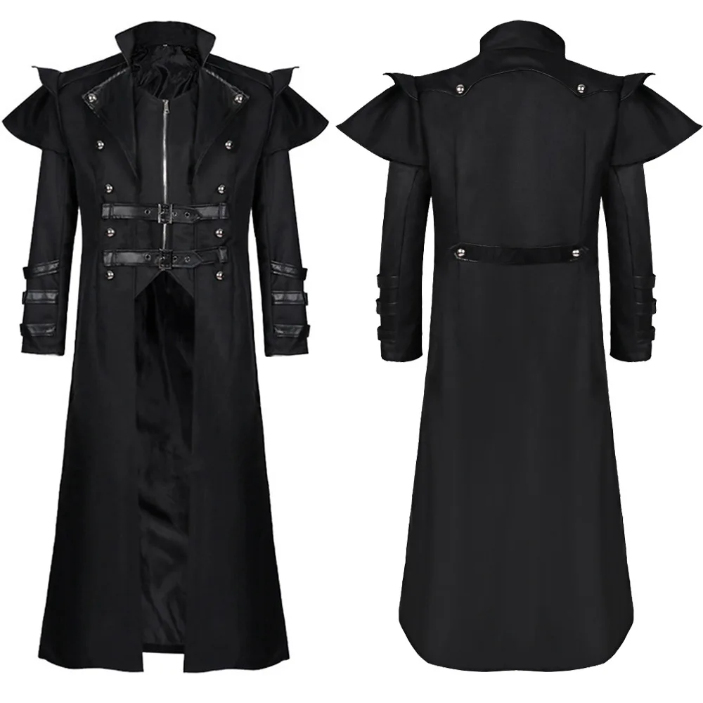 วินเทจฮาโลวีนยุคกลางS Teampunk Assassinเอลฟ์โจรสลัดเครื่องแต่งกายผู้ใหญ่ผู้ชายสีดํายาวแยกแจ็คเก็ตโกธิคเกราะเสื้อหนัง