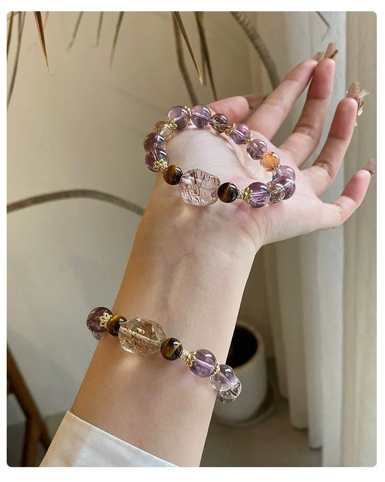 Natural Amethyst Bracelet, Unisex  Amethyst, Yellow Tower Crystal, Tiger's Eye Stone, Black Gold Super Seven Bracelet