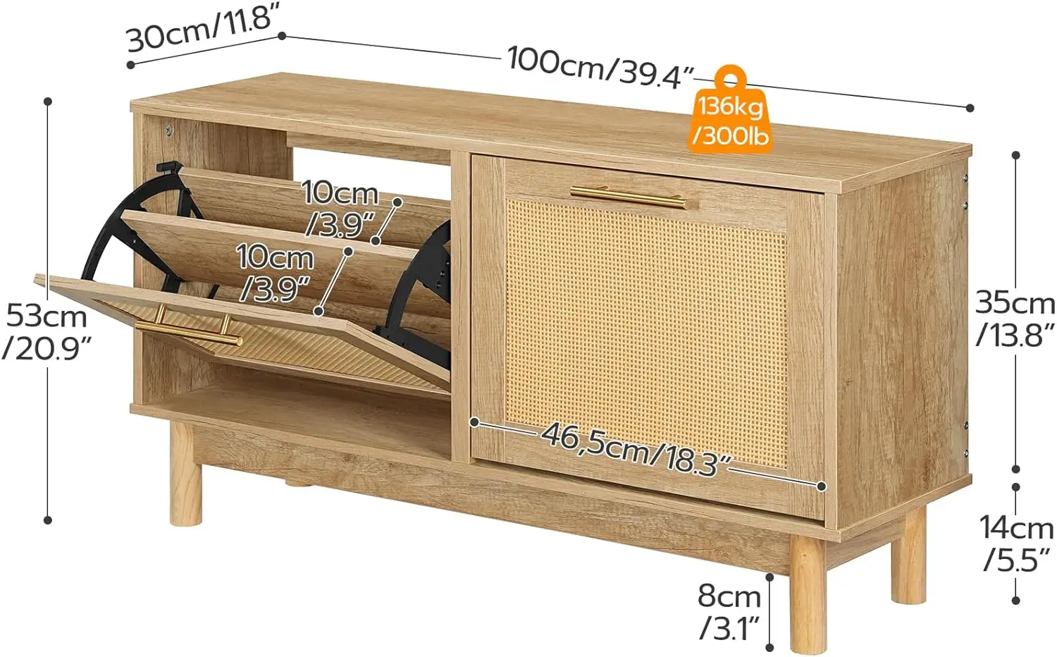 Rattan-Like Shoe Bench, Entryway Bench with Storage, Shoe Rack Bench, 2 Flip Drawers, Shoe Cabinet, Wooden Solid Legs