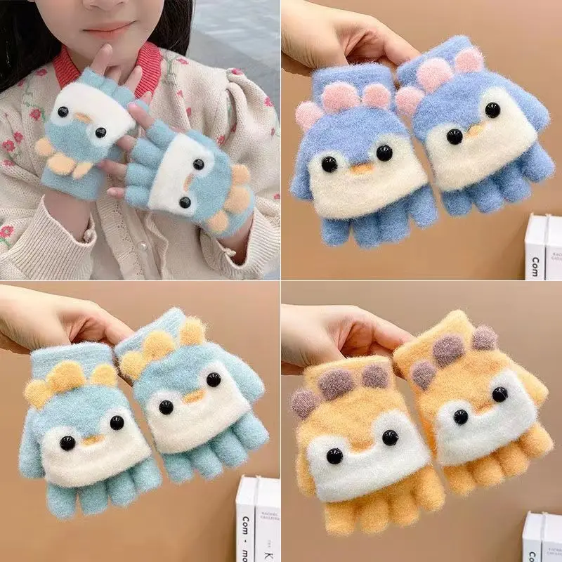Kids Cartoon Flip Gloves Winter Thick Warm Boy Girl Half Finger Mittens Outdoor Windproof Children Writing Five Finger Gloves