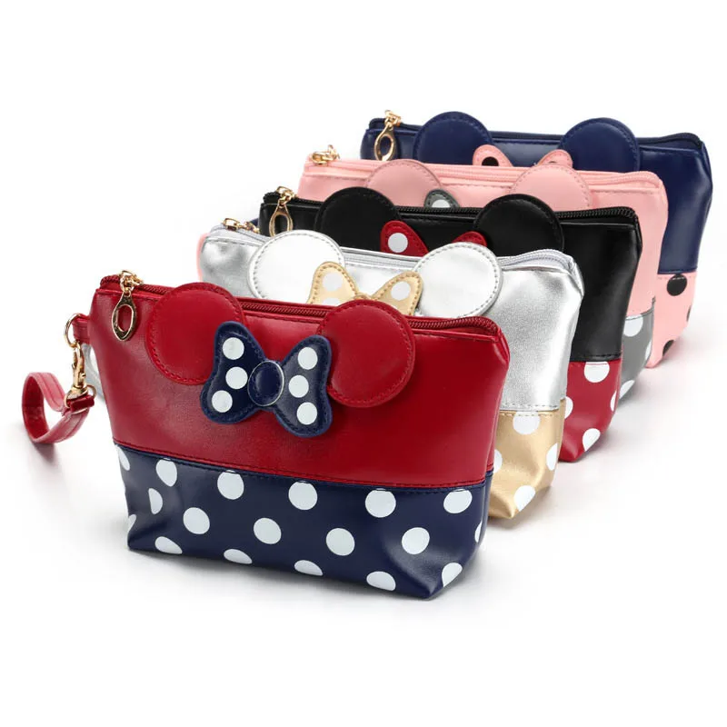 New PU Coin Purse Disney Minnie Mouse Bowknot Women Mini Wallet Fashion Girls Cosmetic Make Up Storage Bag