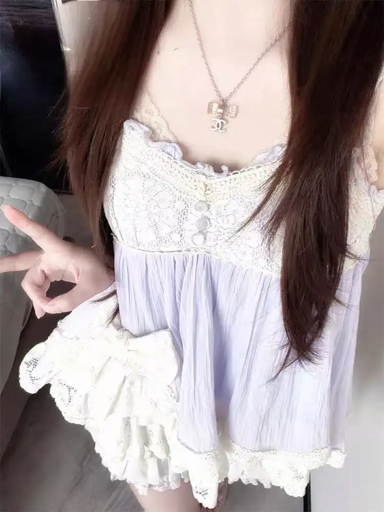 Coquette Ryousangata Dollcore Japanese Vintage 2 Piece Set Women Lace Trim Bow Cami Top Ruffle Shorts Casual Daily Outfit 2026