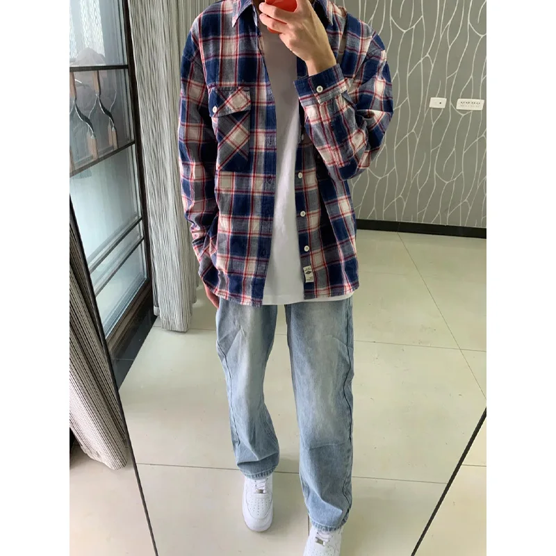 Autumn Long Sleeved Shirt Men Fashion Retro Plaid Shirt Men Streetwear Korean Loose Casual Shirt Mens Oversized Vintage Shirts