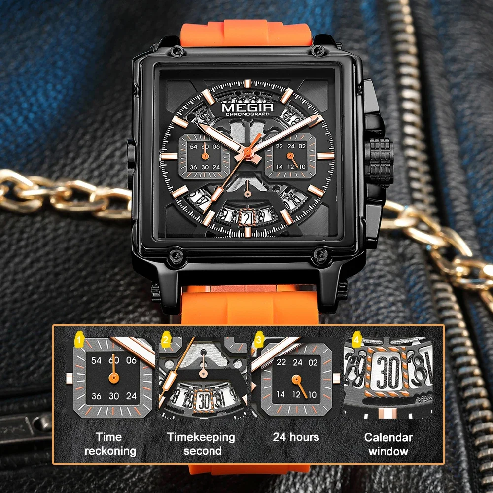 MEGIR 2233 Fashion Silicone Strap Luxury Square Watch Men's Watch Disc Quartz Chronograph Calendar Waterproof Watches for Men