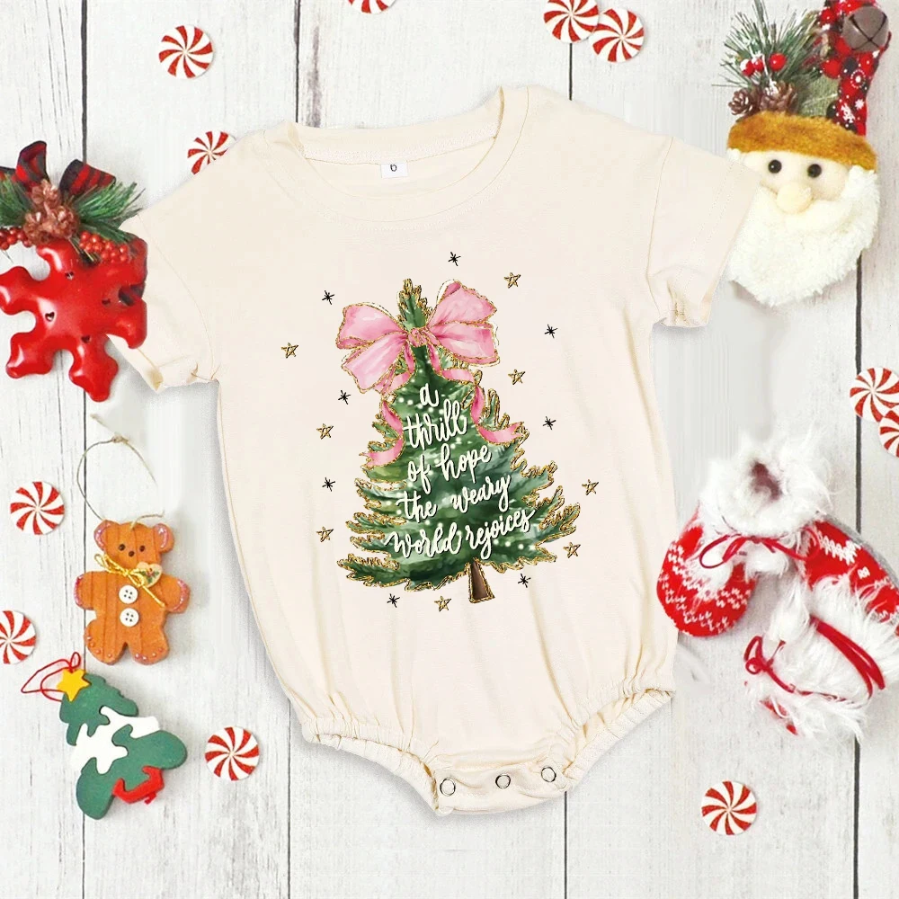 

Christmas Tree Printed Baby Bubble Romper Christmas Vibes Newborn Large Bodysuit Xmas Party Outfit Infant Short Sleeve Jumpsuit