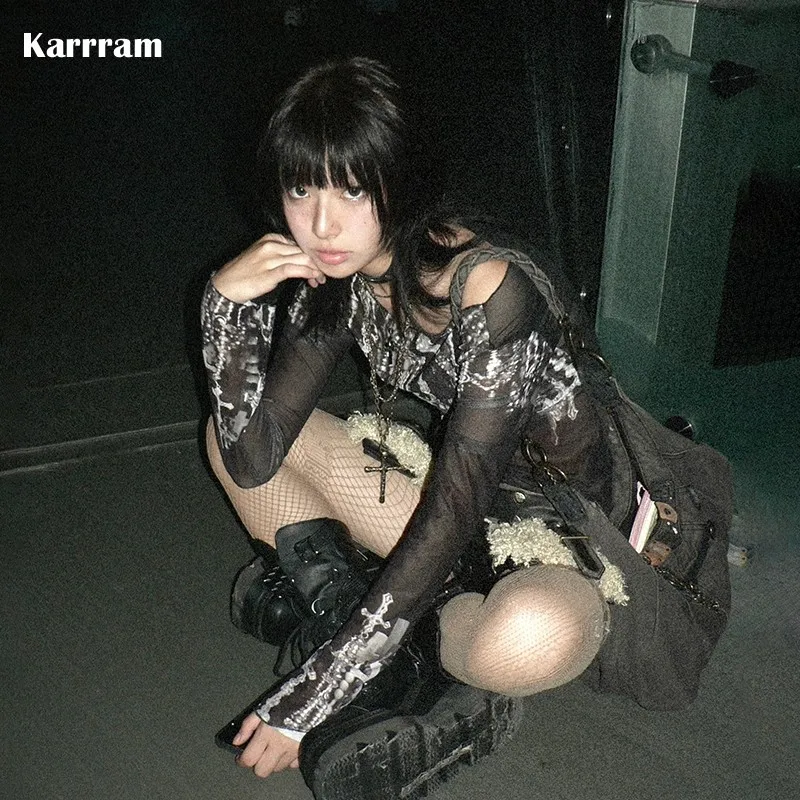 Karrram Grunge Aesthetics Mesh Tops Japanese Y2k Tattoo Print Sheer Tops Vintage Harajuku See Through Long Sleeve T-shirt Gothic