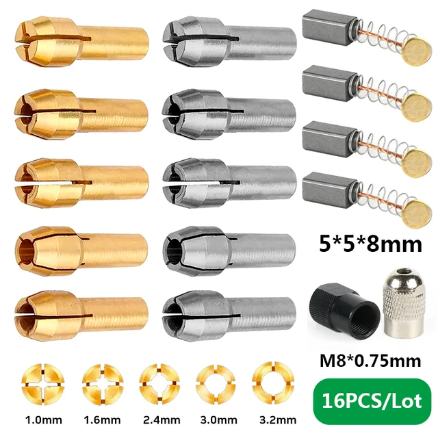 16 sztuk/partia zestaw tulei zaciskowych uchwytu wiertarskiego 1.0-3.2mm 4.3 Shank uchwyty szczotki węglowej Adapter do narzędzia obrotowego Dremel akcesoria do elektronarzędzi