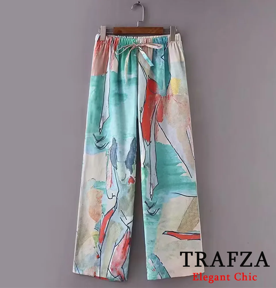 

TRAFZA Casual Satin Graffiti Trousers Women's Drawstring Creative Long Pants 2025 Spring Summer Fashion Party Holidays Lady Pant