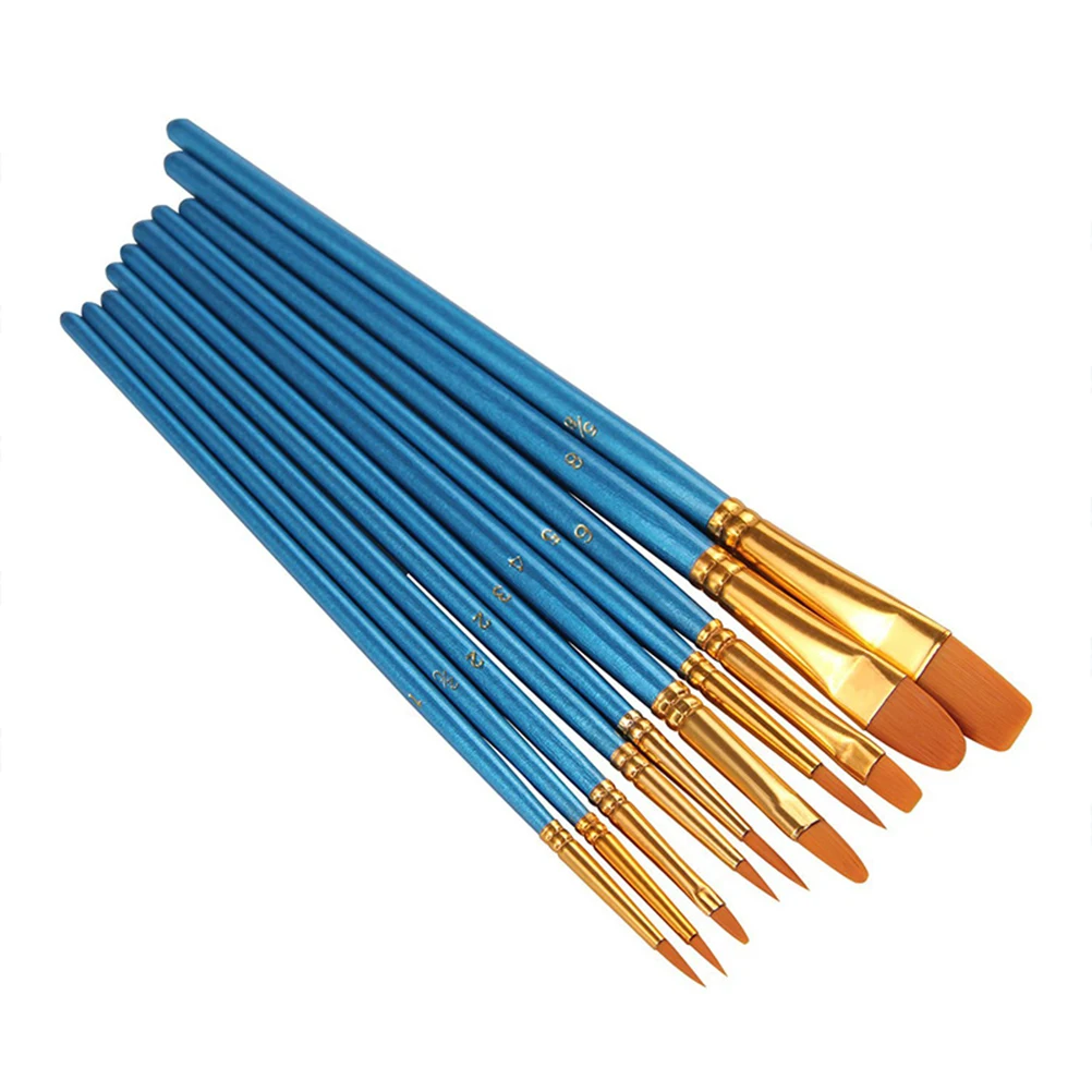 

10pcs Blue Watercolor Paintbrush Set Flat Tip For Acrylic Oil Painting Kids Beginners Wood Handle Light Travel Friendly