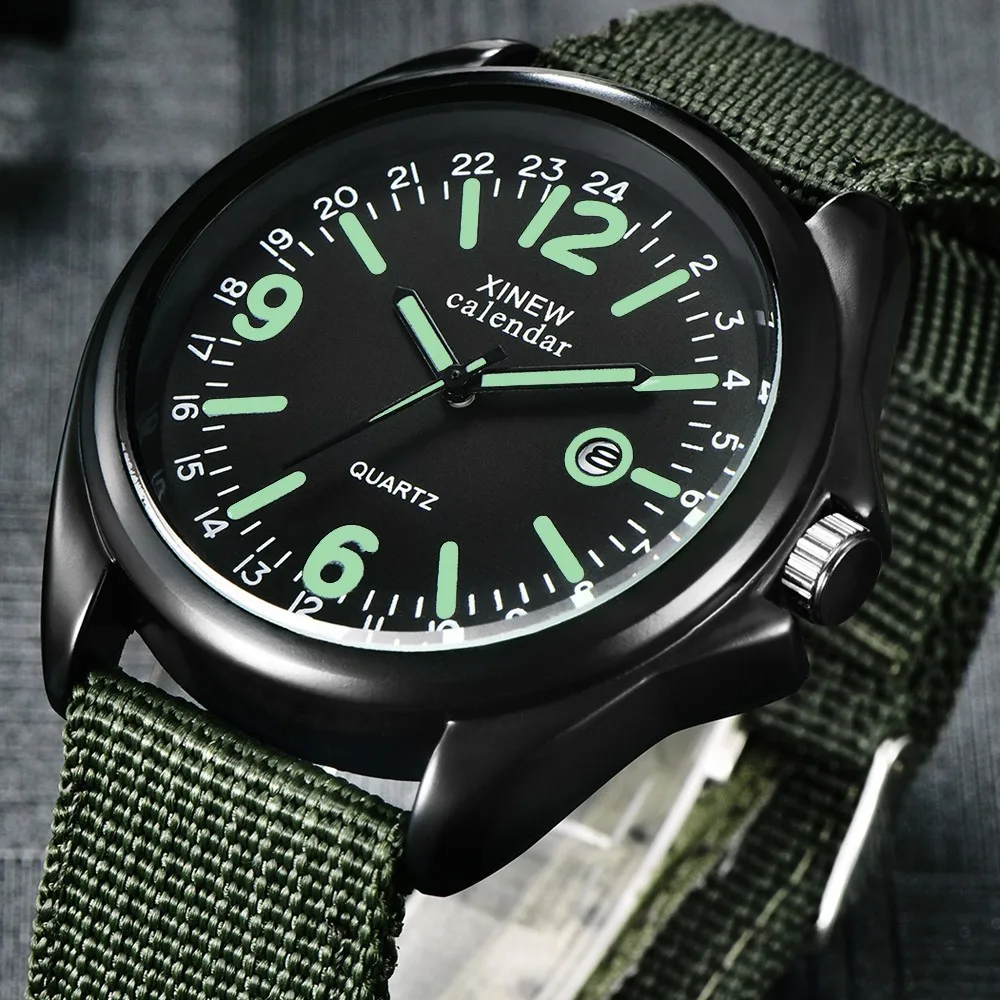 Luxury Watches Men Quartz Watch Leather Strap Round Dial Army Movement Date Green Luminous Modern Digital Men'S Watch