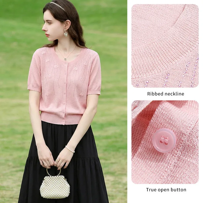 I BELIEVE YOU Pink Round Neck Short Sleeve Knitted Shirt 2026 Summer New Mesh Bead Applique Elegant Top For Women 2261146399
