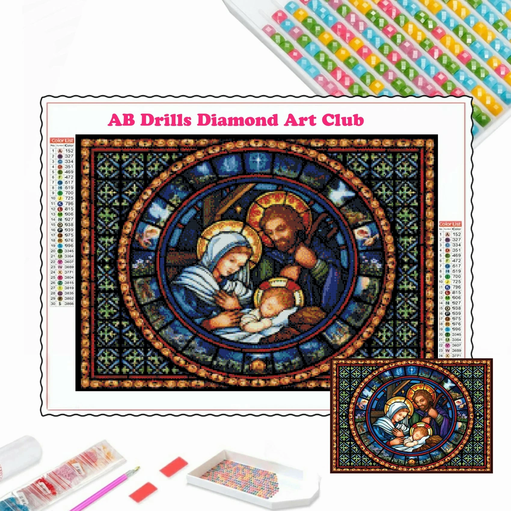 Stained Glass Nativity 5D DIY AB Drills Diamond Painting Jesus Christ Born Holy Night Christmas Cross Stitch Mosaic Home Decor